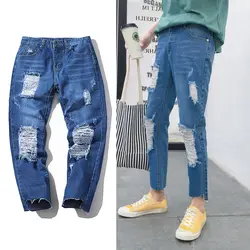 Рваные джинсы стрейч тонкие модные потертые однотонные повседневные джинсовые брюки уличная хип хоп джинсы прямого кроя мужская одежда