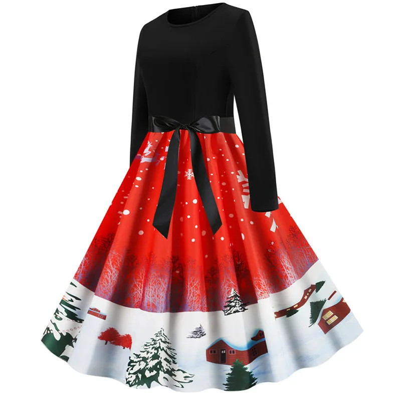 Элегантное рождественское платье размера плюс с принтом, Розовое женское винтажное зимнее Повседневное платье миди с круглым вырезом, Платья для вечеринок с длинным рукавом