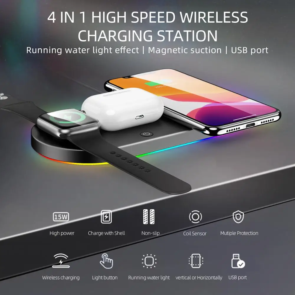 Беспроводное зарядное устройство Qi 3 в 1 15 Вт быстрая зарядка для iPhone 11 pro/XR/Xs Max/8 Plus
