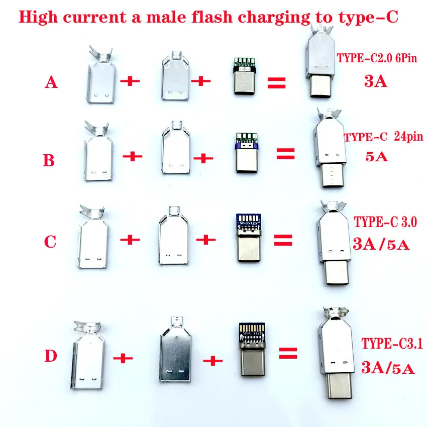 

3sets USB 3.1 Type C 2.0 Male jack Charging Plug Welding Type USB-C adapter 3/4 in 1 3A/5A large current Connector With case
