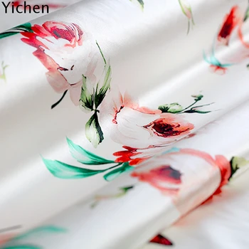 

White/black Rose Print Real Silk Fabric Cloth Small Elastic Satin Floral