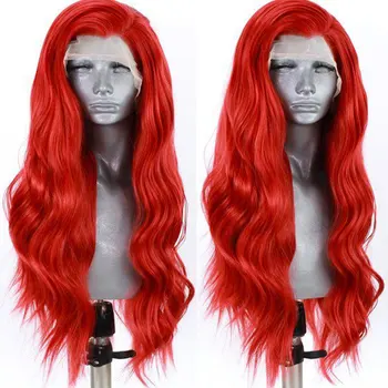 

Bomshell Fire Red Loose Natural Wave Synthetic 13*3 Hand Tied Lace Front Wig Glueless Heat Resistant Fiber Hair Side Parting Wig
