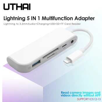 

UTHAI D16 Lightning Adapter to SD TF Multi Card Reader For Iphone X XR XS MAX 11 3.5mm Audio USB For Camera All in 1 Converter