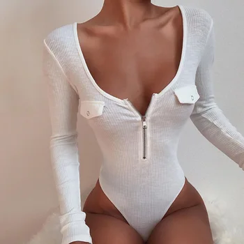 

Women's Solid Color Deep V-neck Bodysuit Women's Long Sleeve Pockets Zipper Patchwork Temperament Bodysuit AA1225