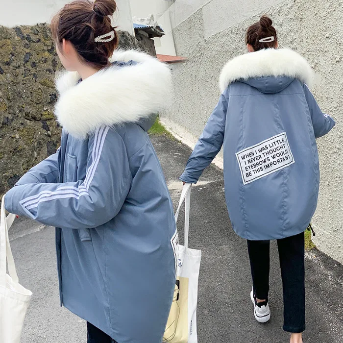 

Photo Shoot 2019 Autumn And Winter New Style down Jacket Women's Mid-length BF Sports Stripes Baseball Loose Cotton Coat Women's