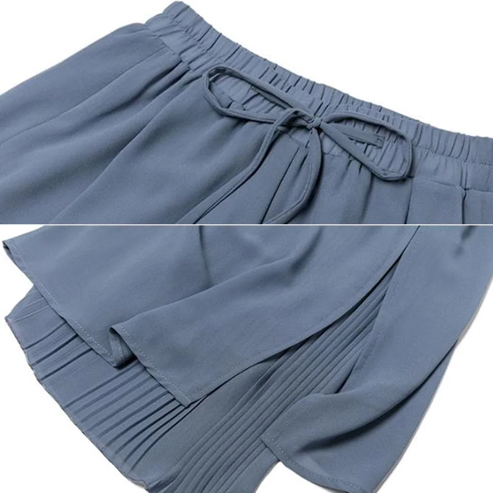 Korean Fashion Summer Pants Women Trousers Loose High Waist Pleated Chiffon Trousers Womens Blue Wide Leg Pants-Skirts denim capris