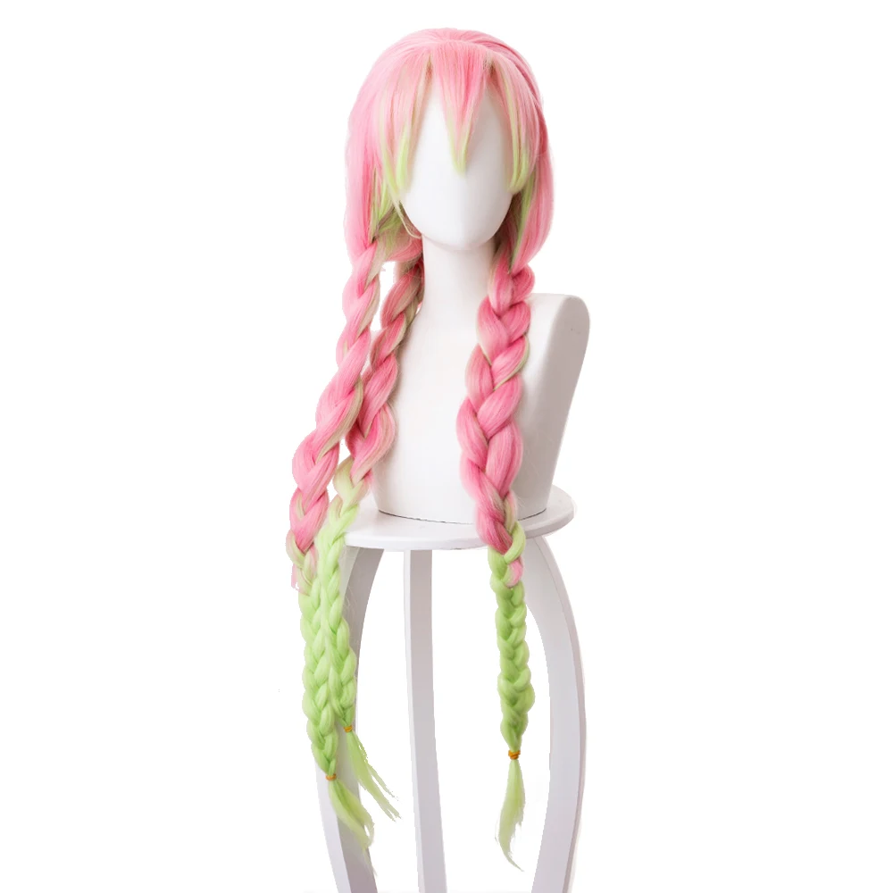

Blade of Demon Slayer Kanroji Mitsuri Cosplay Wig Kimetsu no Yaiba Long Pink Green Braids Synthetic Hair Mixed Color Halloween