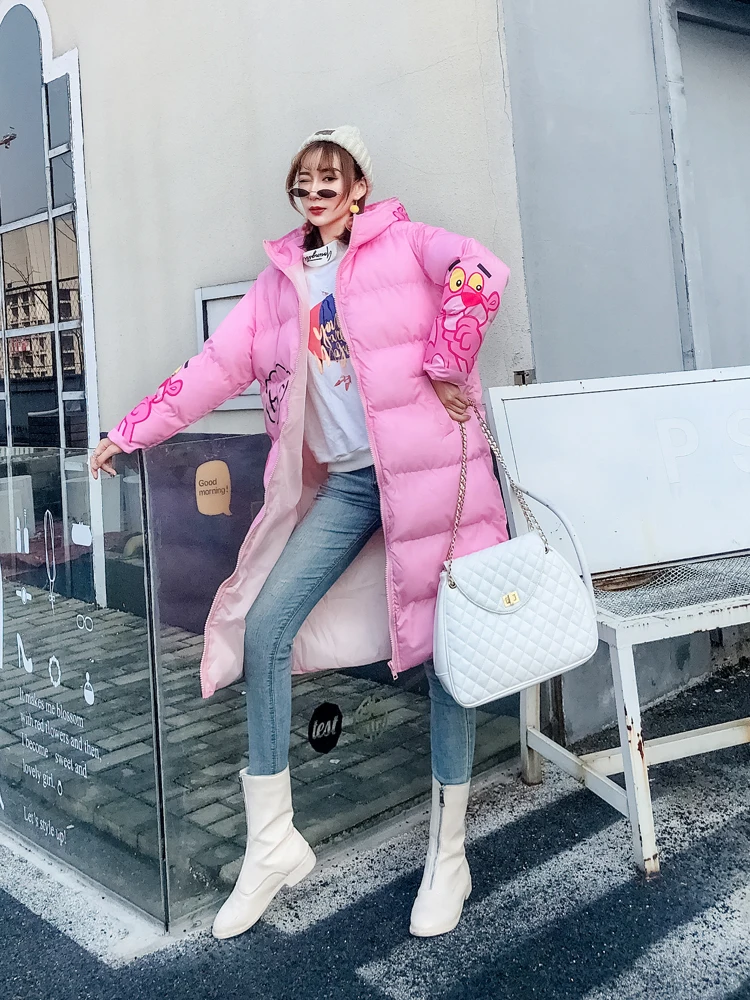 Длинное пальто с рисунком розового леопарда, женская зимняя Корейская ...