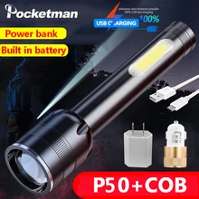 

XHP50+COB Led Flashlight Telescopic Zoom Flashlight Torch With Built-in battery Power Display Power Bank Torch Lantern