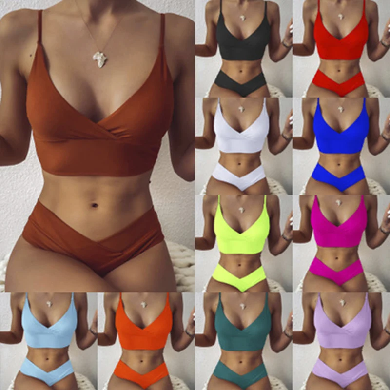 Two-Piece Swimsuit Bikini-Set Biquinis Cross Girl Sexy High-Waisted Beach Women V-Neck