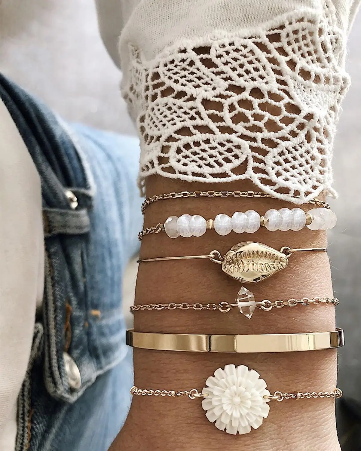 Style5 Boho ювелирные изделия Многослойные кисточкой Лунная ракушка бусины в форме цветка Шарм браслеты на запястье для Для женщин браслет дружбы набор - Окраска металла: Style5