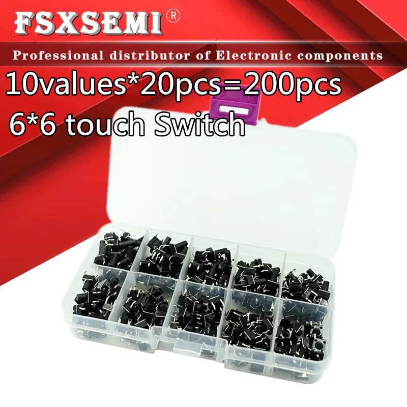 

10values*20pcs=200pcs 6*6 Light micro touch Switch sets toggle switch Kit ,4.3MM - 13MM DIP 4Pin key switch 6*6*6 6*6*5