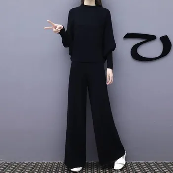 

2 PCS Women's Set Autumn Winter New Batwing Sleeve Top And Wide Leg Pants Suit Loose Casual Black Female Sets