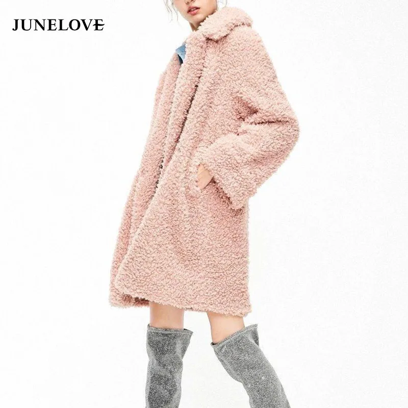 JuneLove, женские зимние теплые куртки из искусственного меха, пальто, винтажные карманы, женские свободные пальто, Повседневная Уличная верхняя одежда на одной пуговице