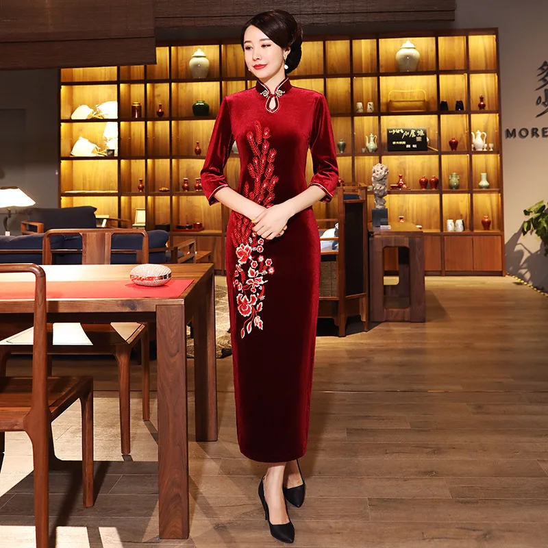 Sheng Coco винтажные элегантные длинные Qipao Павлин цветы велюр вышитые Cheongsam женские традиционные китайские платья Шанхай