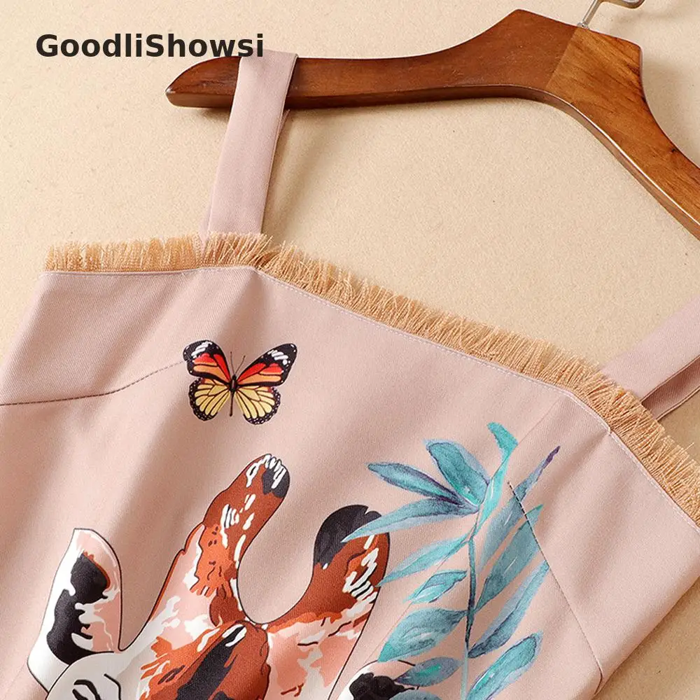 GoodliShowsi, Новое поступление, пляжный стиль, женское платье-комбинация, принт с героями мультфильмов, с кисточками, с открытыми плечами, с открытой спиной, модные платья-джемперы