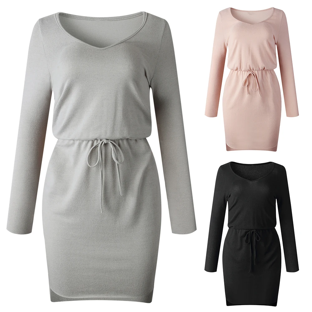 

HOT SALES!!! Sexy Women Autumn Long Sleeve V Neck Waist Drawstring High-low Hem Mini Dress Sexy Dress Women Casual Dress 3 Color