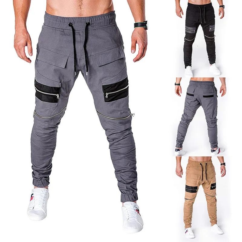 HuLooXuJi мужские брюки для пробежек, контрастные молнии, Лоскутные Спортивные штаны, мужские брюки с эластичной талией в стиле хип-хоп, брюки карго, размер США: M-4XL