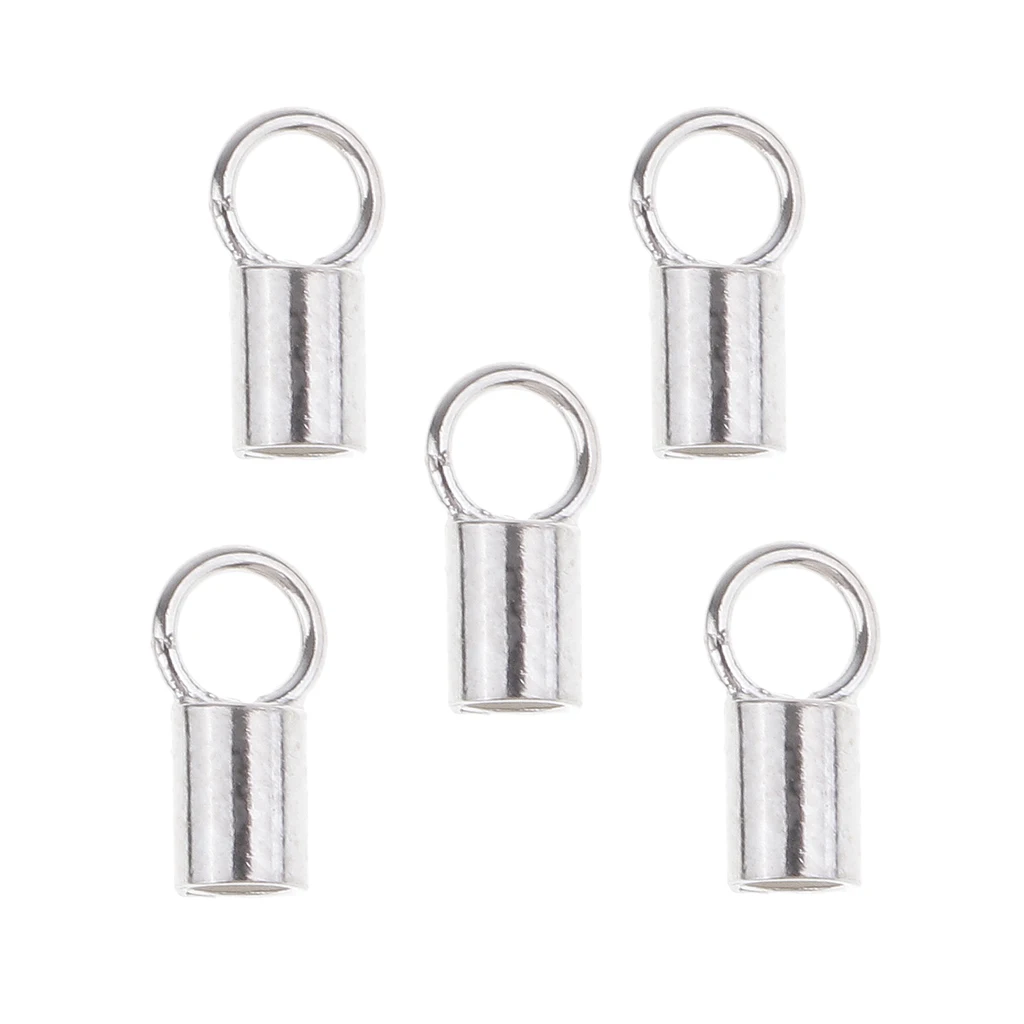 5 Pieces 925 Sterling silver color Tube Crimp Beads Leather Cord End Caps with Loop Jewelry Findings 2mm Inner Diameter