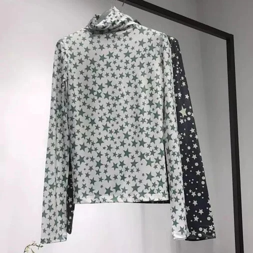

Fall 2019 New Star Print Long Sleeve High Collar T-shirt - Women Stylish Fashion Star Printed Tees Top