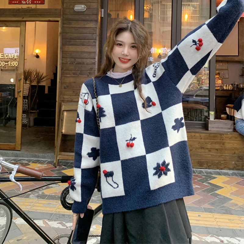 

2022 Fall Loose Checkerboard Christmas Sweater for Women Warm Winter Long Sleeve Thick Sweet Pullover Round Neck Knitwear Top