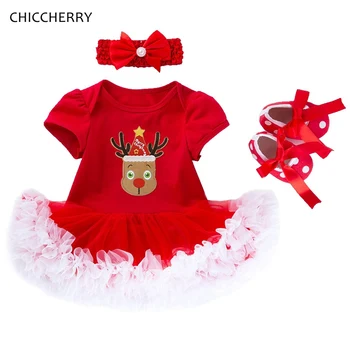 

Cute Deer Toddler Christmas Outfits Lace Tutu Romper Dress Headband Crib Shoes New Born Baby Girl Clothes Set Childrens Clothing