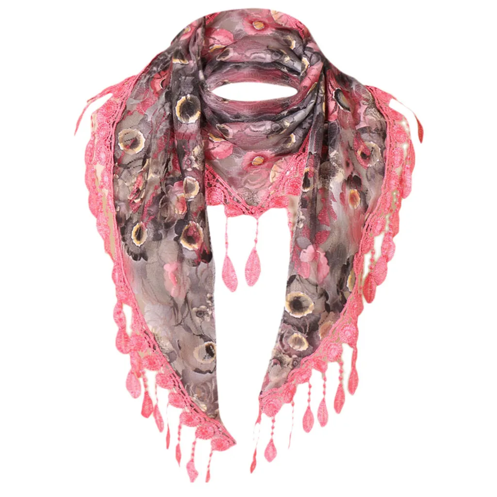 new autumn Winter Women Lace Tassel Floral Multicolor Print Hollow Scarf Shawl Wraps Scarves Jacquard fringed scarves#930