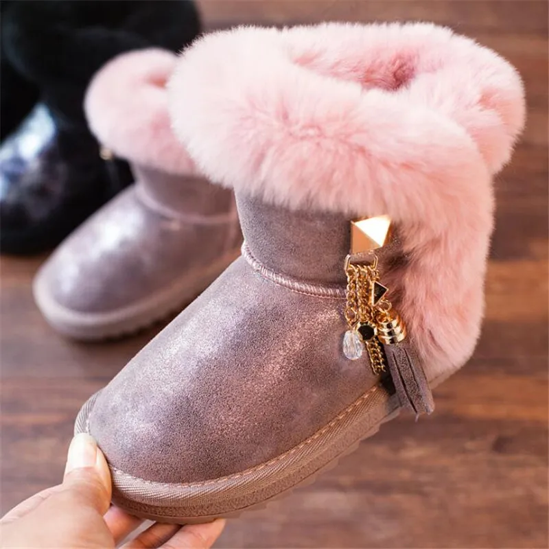 pink Weoneit/зимние ботинки для девочек; теплая зимняя детская обувь на плоской подошве с круглым носком; мягкие ботинки розового и черного цвета; Размеры 26-37 - Цвет: pink