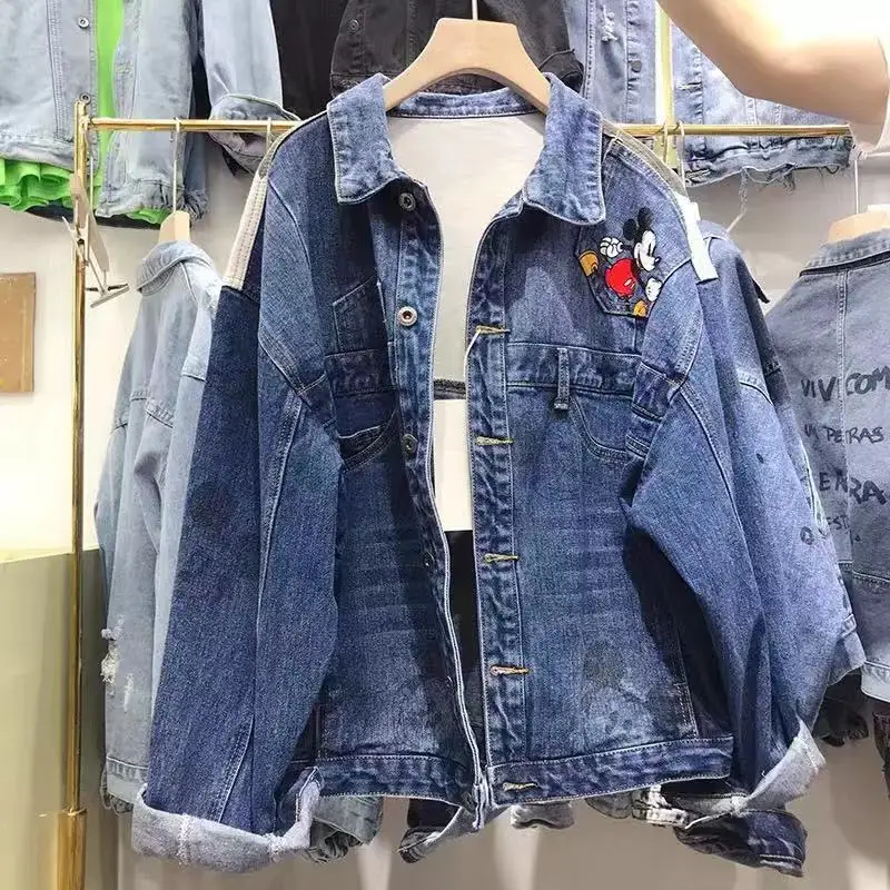 Зимнее джинсовое пальто с героями мультфильмов, Женская куртка, Корейская Свободная джинсовая куртка с длинным рукавом и принтом для женщин, верхняя одежда, ковбойские топы, Модные осенние