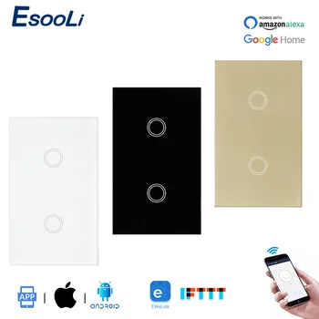 

EsooLi US Standard Wall Light Switch Crystal Glass Ewelink APP 2 Gang 1 Way WIFI Switch Null and Fire Line Touch Switch