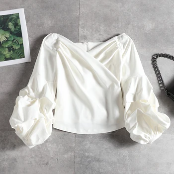 

Spring Autumn Clothing New Bubble Long Sleeve Shirt Women's Sexy V-neck Blouse White Black Blouses Ladies Tops Blusa Feminina