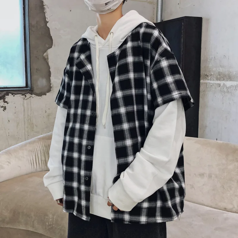 

Autumn Cotton Plaid Hoodies Men Fashion Retro Casual Fake Two-piece Sweatshirt Men Streetwear Loose Hip Hop Hoodie Man Hoody