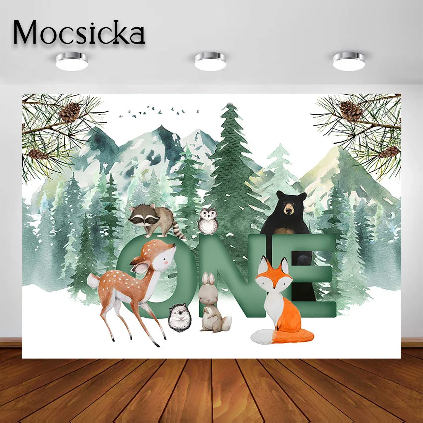 

Mocsicka Winter Woodland 1st Birthday Backdrop Mountain Forest Animals Boy First Birthday Party Decoration Photo Background