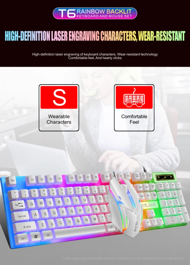 T6 USB Wired Keyboard Mouse Set Rainbow LED Backlight 104 Keys 1000 DPI Mechanical Keyboard Gaming Mouse Set For Laptop Computer pc keyboard