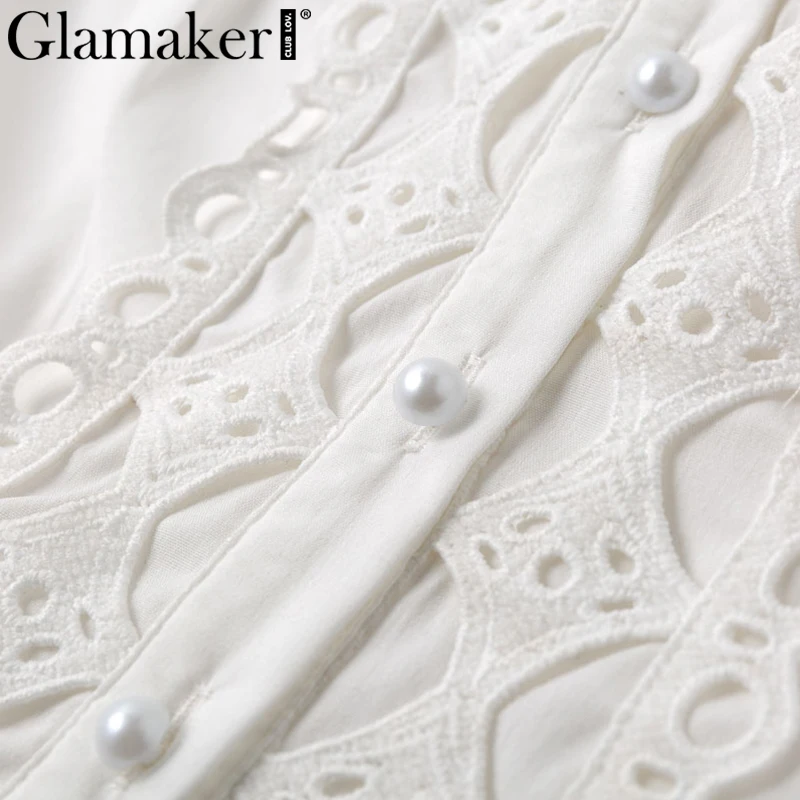 Glamaker Водолазка белая вышитая офисная блузка выдалбливают с пышными рукавами Лоскутная Весенняя коллекция блузка рубашка элегантный праздничный Топ