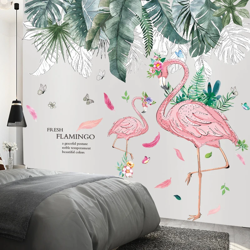 

[SHIJUEHEZI] Tropical Tree Leaves Wall Stickers PVC Material DIY Flamingo Animal Wall Decals for Living Room Bedroom Decoration