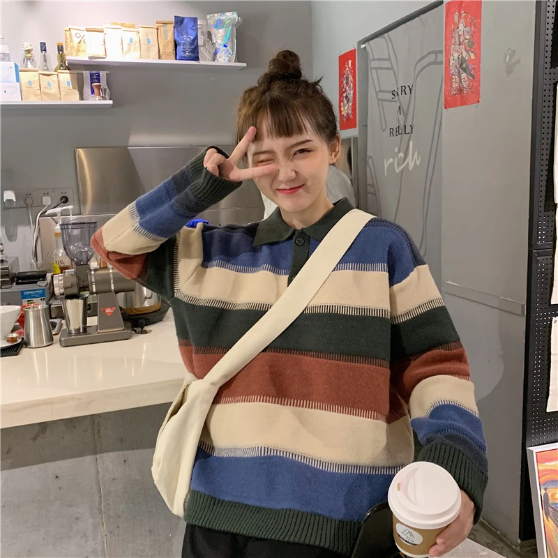 Зимний Корейский ins Harajuku винтажный Радужный полосатый вязаный шикарный ins женский модный негабаритный свободный Ulzzang Повседневный женский свитер