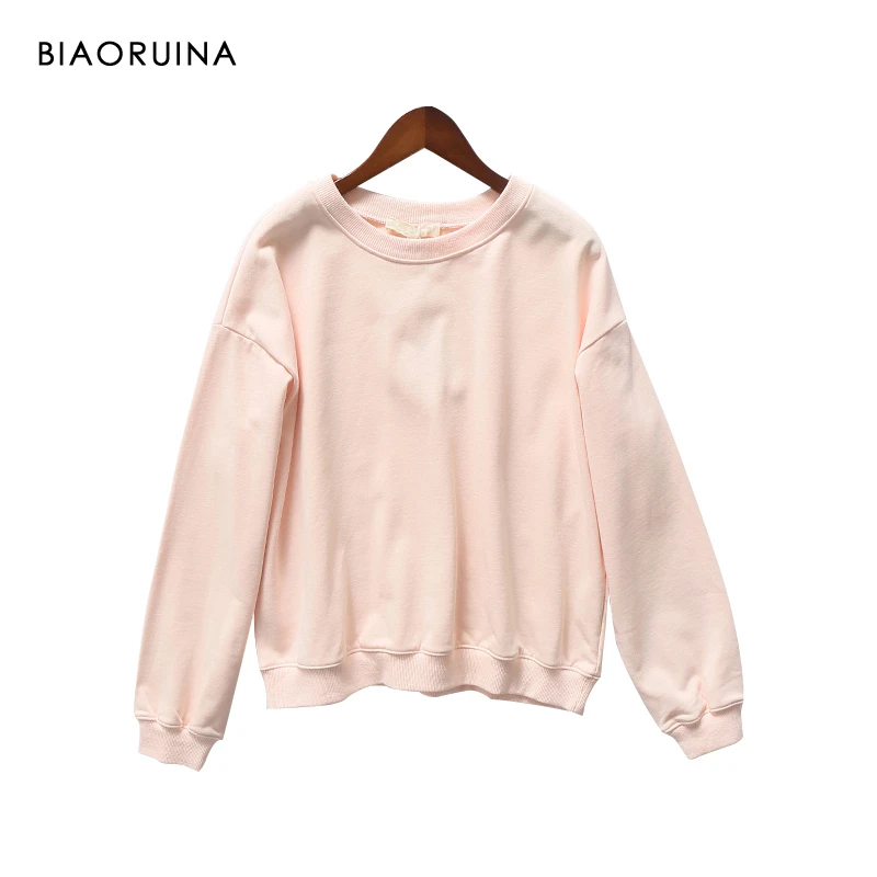 

BIAORUINA Women's Casual Solid Cotton Sweatshirt O-neck Female All-match Loose Sweet Sweatshirt Basic Autumn New Pullovers
