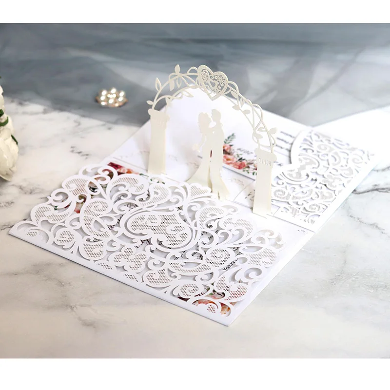 100 шт Европейская лазерная резка, для свадьбы приглашения карты 3D три раза кружева сердце элегантные поздравительные открытки свадебное украшение для вечеринок