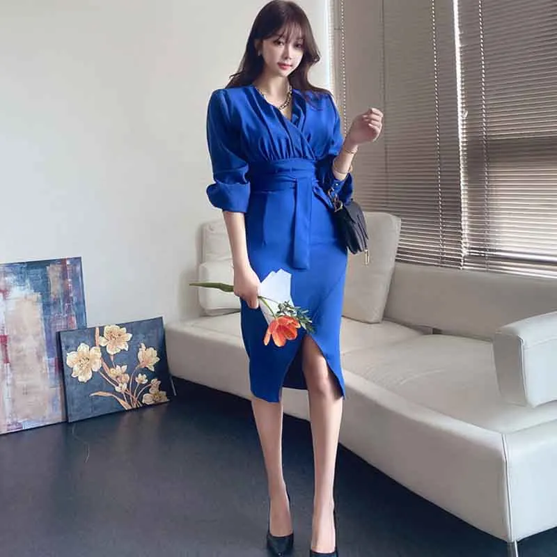

2020 New Womens Autumn Korean Temperament V-Neck Irregular Dress Profession Solid Fashion Sashes Split Office Lady Elegant Dress