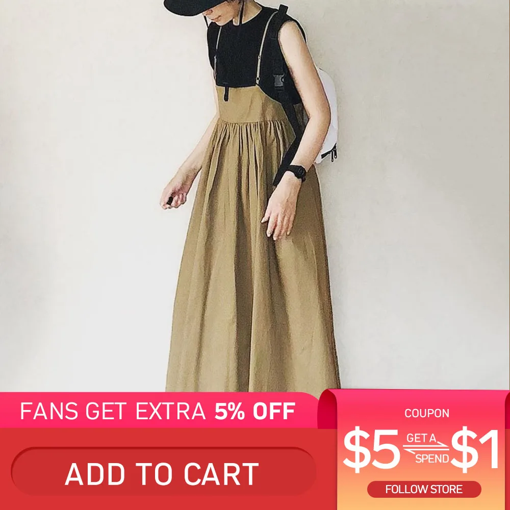 

Dress For Women 2020 New Loose Solid Color Suspender Dress Japanese Casual Female Long Dress Pullover Summer Fall Maxi Dresses