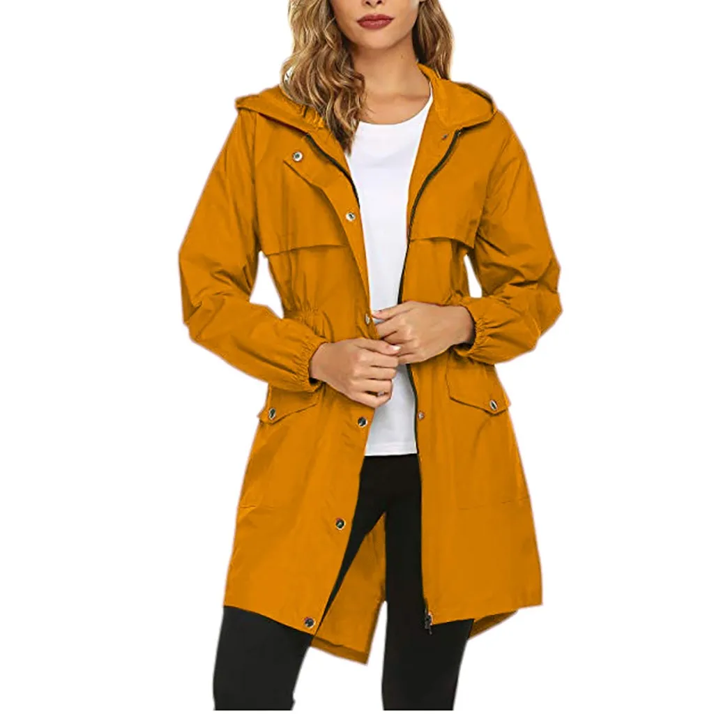 Yellow Женская куртка, одноцветная, дождевик, для улицы, плюс, водонепроницаемый, с капюшоном, для улицы, дождевик, ветрозащитный, на молнии, пальто, женская одежда, пальто для женщин - Цвет: Yellow
