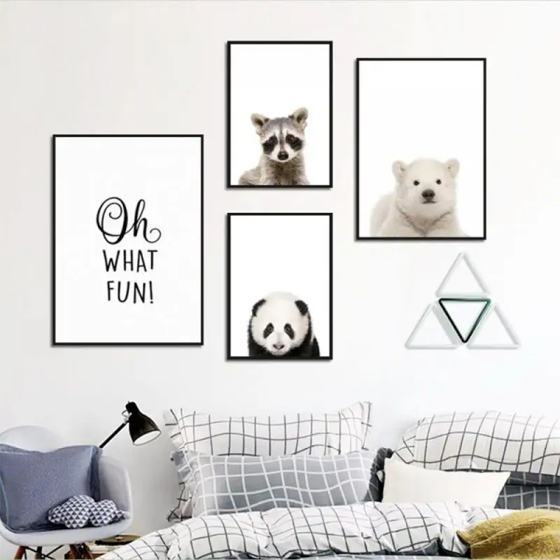 

Black White Cute Animals Poster Polar Bear Panda Raccoon Prints Wall Art Canvas Painting Wall Pictures Baby Kids Room Decor