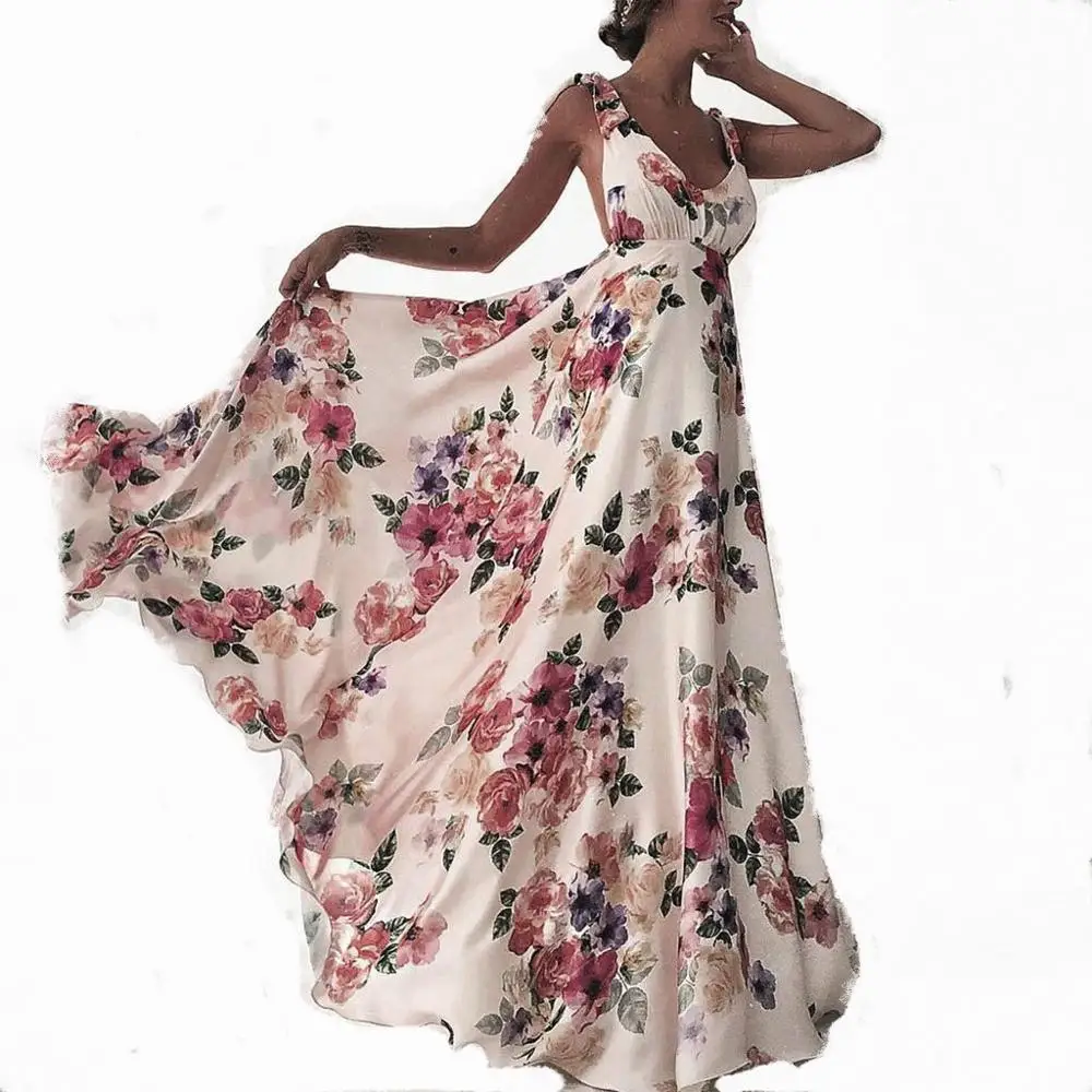 

2020 Fashion Women's Dresses Bohemian Printed Big Hem Spaghetti Straps Sleeveless Suspender Backless Floor Length Long Dress