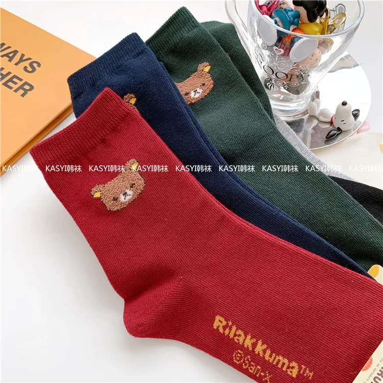 Носки с мультипликационным принтом Rilakkuma, милые забавные женские хлопковые носки kawaii, дышащие впитывающие пот осенне-зимние японские удобные носки в Корейском стиле