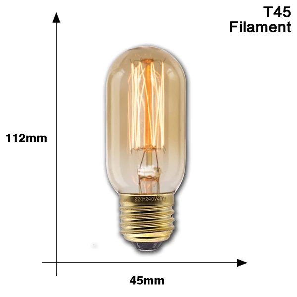 T45 Filament Электрическая лампочка эдисона светильник лампочка E27 220 В 40 Вт ST64 A19 T10 T45 T185 G80 G95 Ретро ампулы Винтаж накаливания лампа накаливания Эдисона лампа - Цвет: T45 Filament