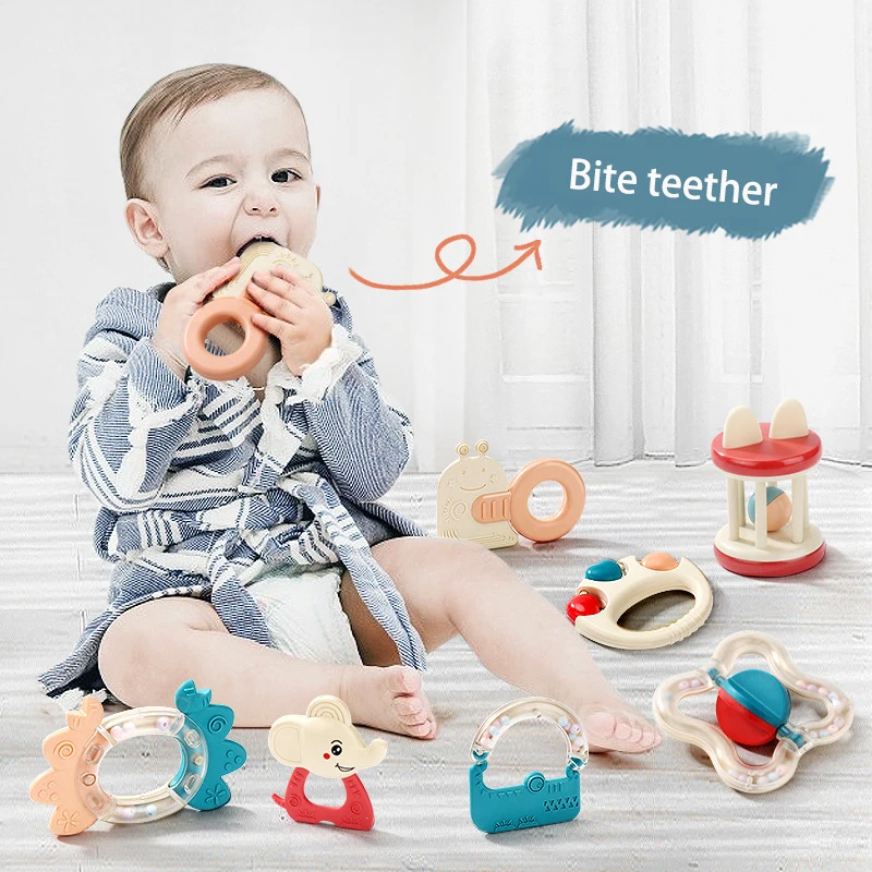 12pcs color box newborn baby rattle 0-6 months food grade stick molar baby gift cartoon animal teether necklace baby toy