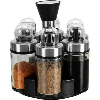 

6 Bottles Olive Oil Vinegar Dispenser and Salt Pepper Shaker Set, Premium Glass Condiment Set with Rotating Holder