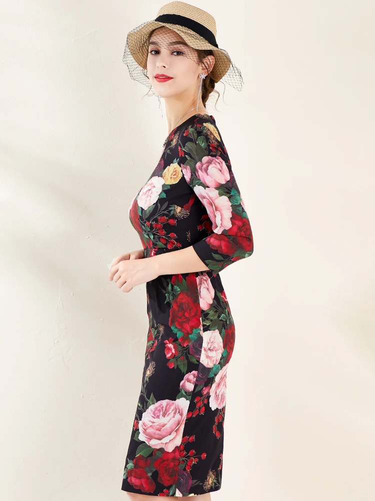 VERDEJULIAY Runway Bodycon Dress Summer Spring New Fashion Design 3/4 Sleeve Flowers Printed Knee Black Sheath Dress