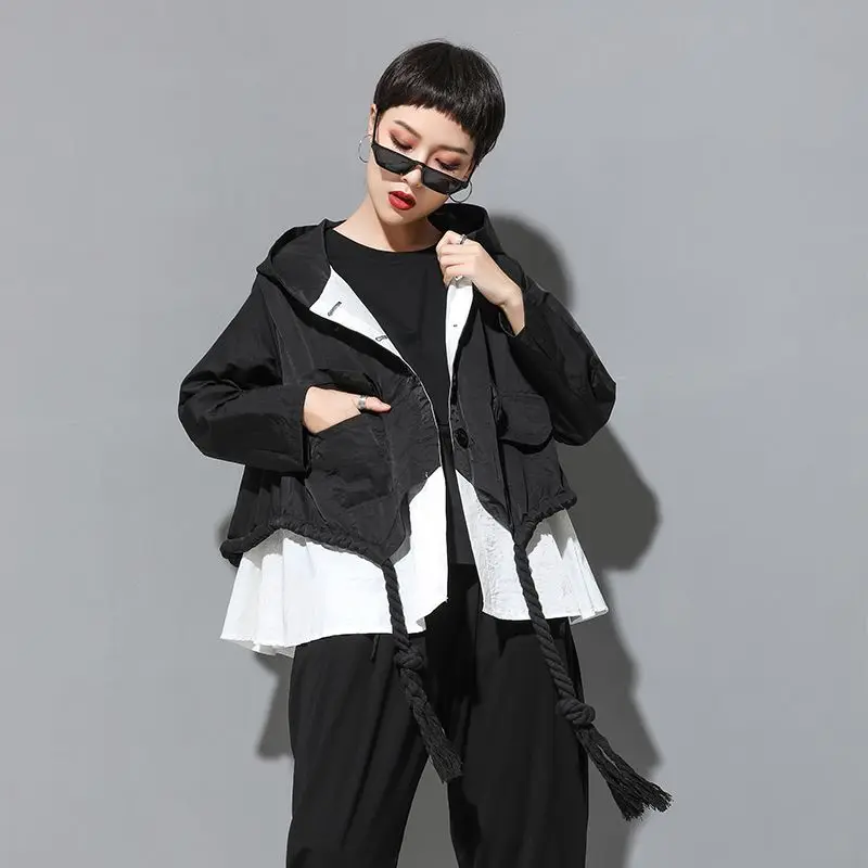 NYFS New Autumn women Hooded coat Loose Fashion Pocket waist jacket